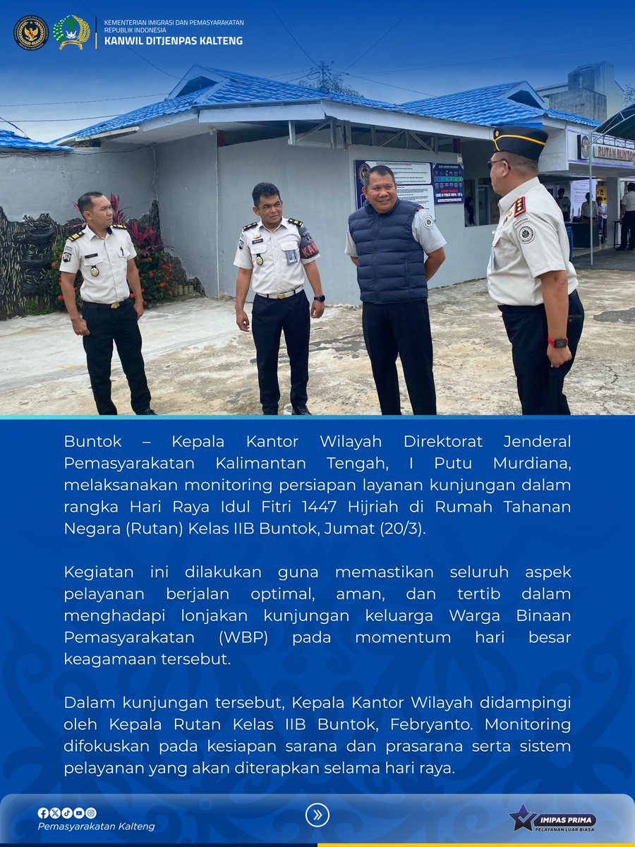 Ditjenpaskltng's tweet image. Kakanwil Ditjenpas Kalteng Cek Langsung Kesiapan Layanan Kunjungan Idul Fitri 1447 Hijriah di Rutan Buntok

#kemenimipas
 #Ditjenpas
 #pemasyarakatan
 #guardandguide
 #DitjenpasKalteng
 #IPutuMurdiana
 #infoimipas