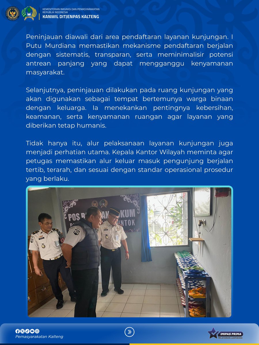 Ditjenpaskltng's tweet image. Kakanwil Ditjenpas Kalteng Cek Langsung Kesiapan Layanan Kunjungan Idul Fitri 1447 Hijriah di Rutan Buntok

#kemenimipas
 #Ditjenpas
 #pemasyarakatan
 #guardandguide
 #DitjenpasKalteng
 #IPutuMurdiana
 #infoimipas
