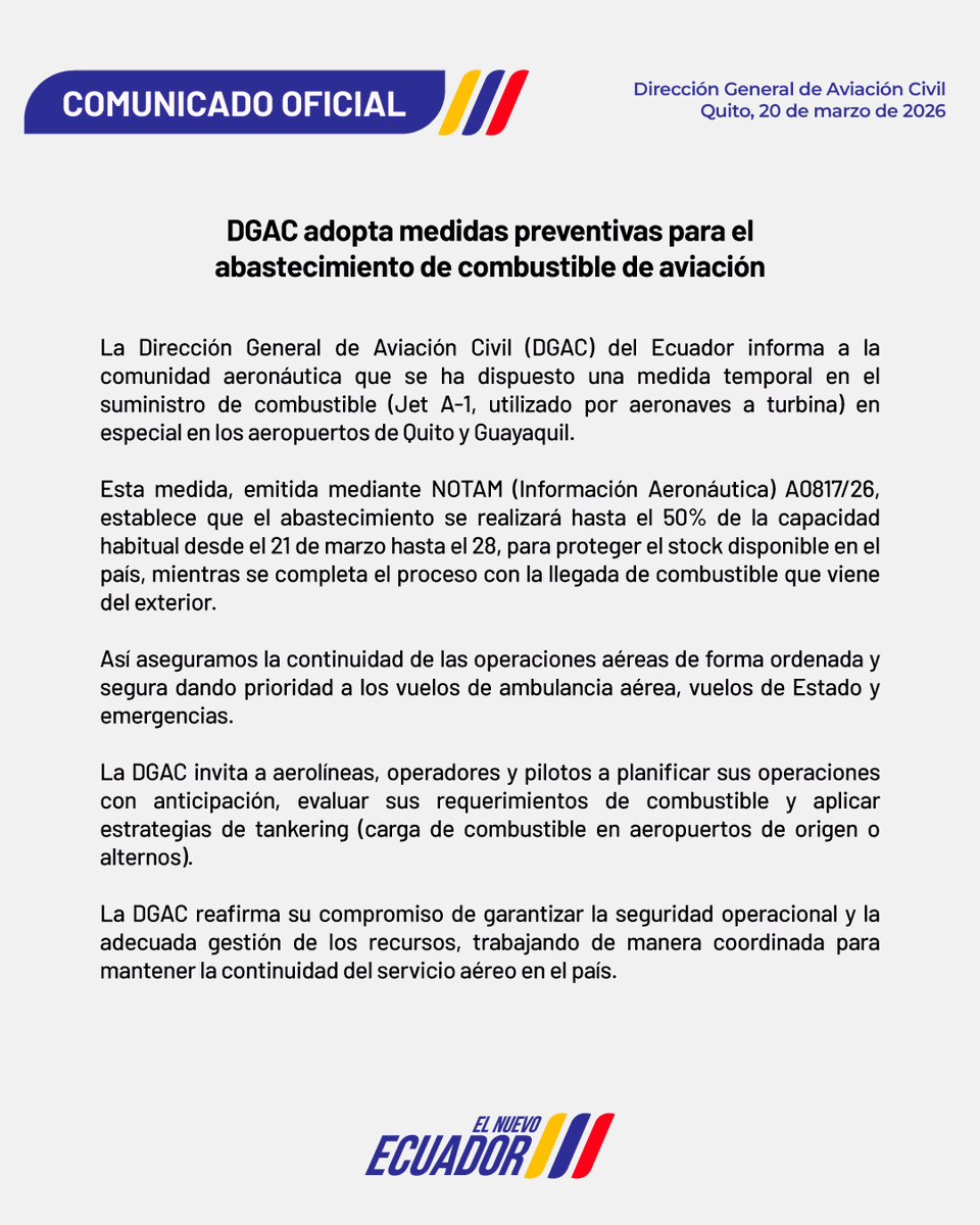 Comunicado: DGAC Ecuador dispone medida en suministro de combustible Jet A-1 en Quito y Guayaquil para mantener la continuidad del servicio aéreo.