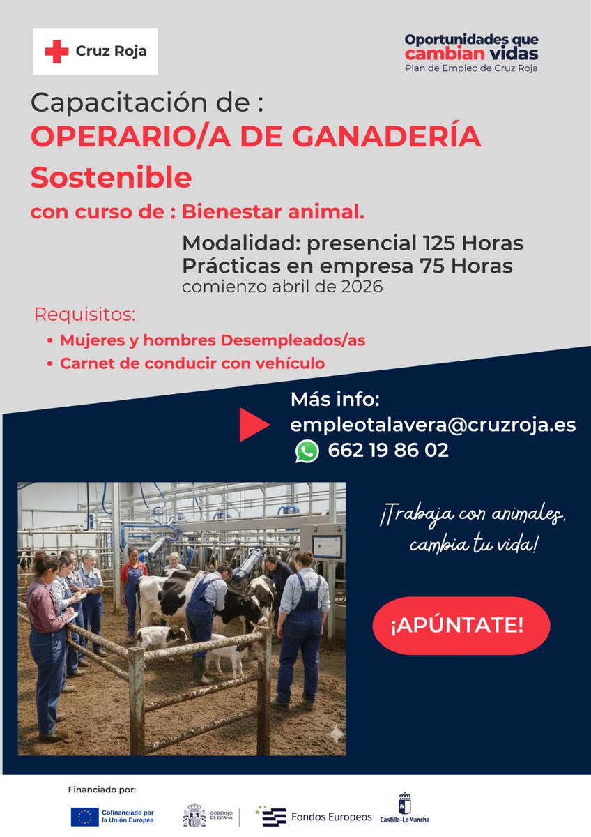 Forplan's tweet photo. ¡TRABAJA CON ANIMALES, CAMBIA TU VIDA! 
¿Estas desempleado/a? 
Curso de Operario/a de ganadería sostenible

Comienzo abril en #Talavera
Curso con prácticas en empresas
Requisitos: Carnet de conducir, coche para desplazarse al centro de trabajo. 

926824920 ext. 70131 https://t.co/Femv035Wt5