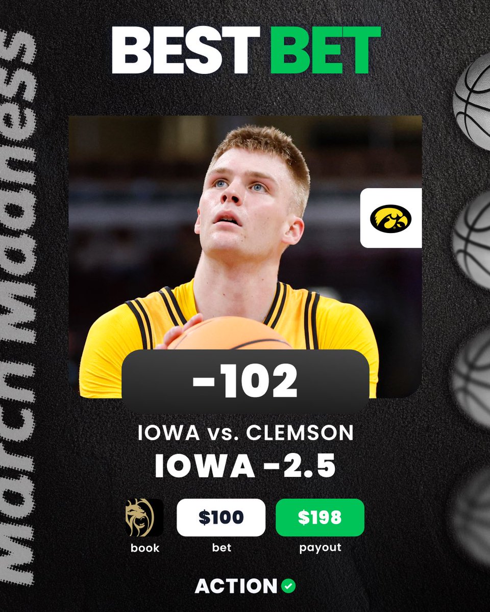 🏀 IOWA vs CLEMSON BEST BET

🦅 IOWA -2.5
👇Add directly to your betslip
bit.ly/IOWA032026

🗣️ "Sometimes you just get a strong intuitive feeling in a toss-up 8/9 game like this. I feel really confident that Iowa is the side here. For one, it's comfortable playing this