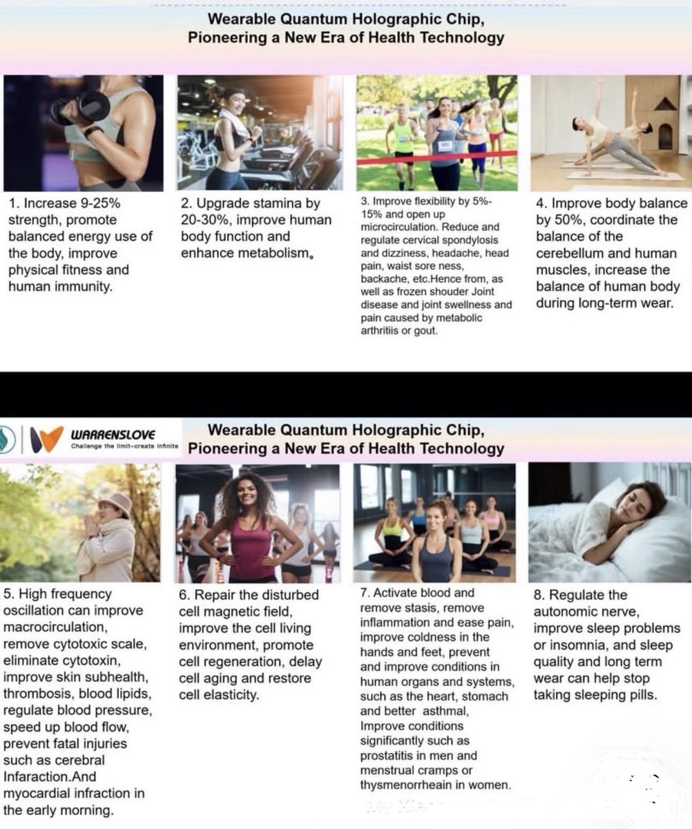 MePamper8985's tweet photo. Eight effects of wearing WarrensLove biological information chip:

1. Enhance 9%-25% of strength, promote the balanced development of body energy, and improve physical quality and human immunity.

2. Improve 20-30% endurance, improve human function, and enhance metabolism.

3. Improve 5%-15% flexibility and open up microcirculation. Alleviate and regulate cervical spondylosis and dizziness, headache, head numbness, back pain, back pain, etc. caused by cervical spondylosis: shoulder periarthritis, joint swelling and muscle pain caused by gout.

4. Improve the balance by 50% and coordinate the balance of the cerebellum and human muscles. Long-term wearing and use can increase the balance of the human body.

5. High-frequency oscillation improves the body's blood microcirculation, peels off cell poison scale, eliminates cell toxins, improves skin sub-health, improves blood clots and blood lipids, regulates blood pressure, accelerates blood flow, and prevents fatal injuries such as cerebral infarction and myocardial infarction in the early morning.

6. Repair the magnetic field of disordered cells, improve the living environment of cells, promote cell regeneration, delay cell aging, and restore cell elasticity.

7. Invigorate blood and dissolve stasis, reduce inflammation and pain, improve cold hands and feet, and prevent and improve the lesions of organs and systems such as heart, stomach and asthma. Significantly improve male prostatitis and female dysmenorrhea and other symptoms.

8. Regulate autonomic nerves, improve sleep problems, and improve sleep quality. If you wear it for a long time, you can stop taking sleeping pills.