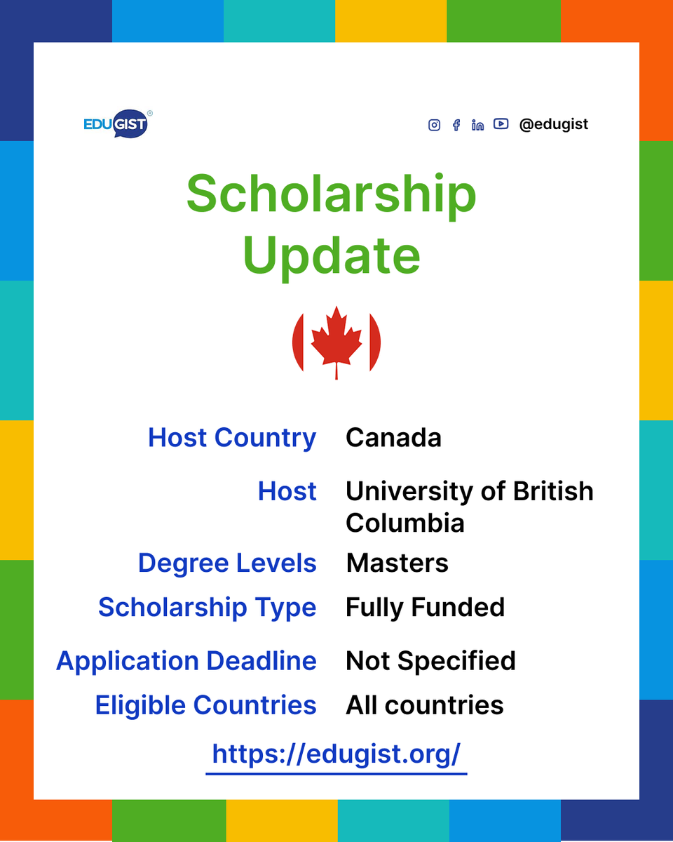 Edugist's tweet image. 🎓 University of British Columbia Scholarships 2026 in Canada (Fully Funded Master’s &amp;amp; PhD Opportunity)

🔗 Application: edugist.org/university-of-…

⏰ Deadline: Varies by program

#UBCScholarship #UniversityOfBritishColumbia #StudyInCanada #FullyFundedScholarship