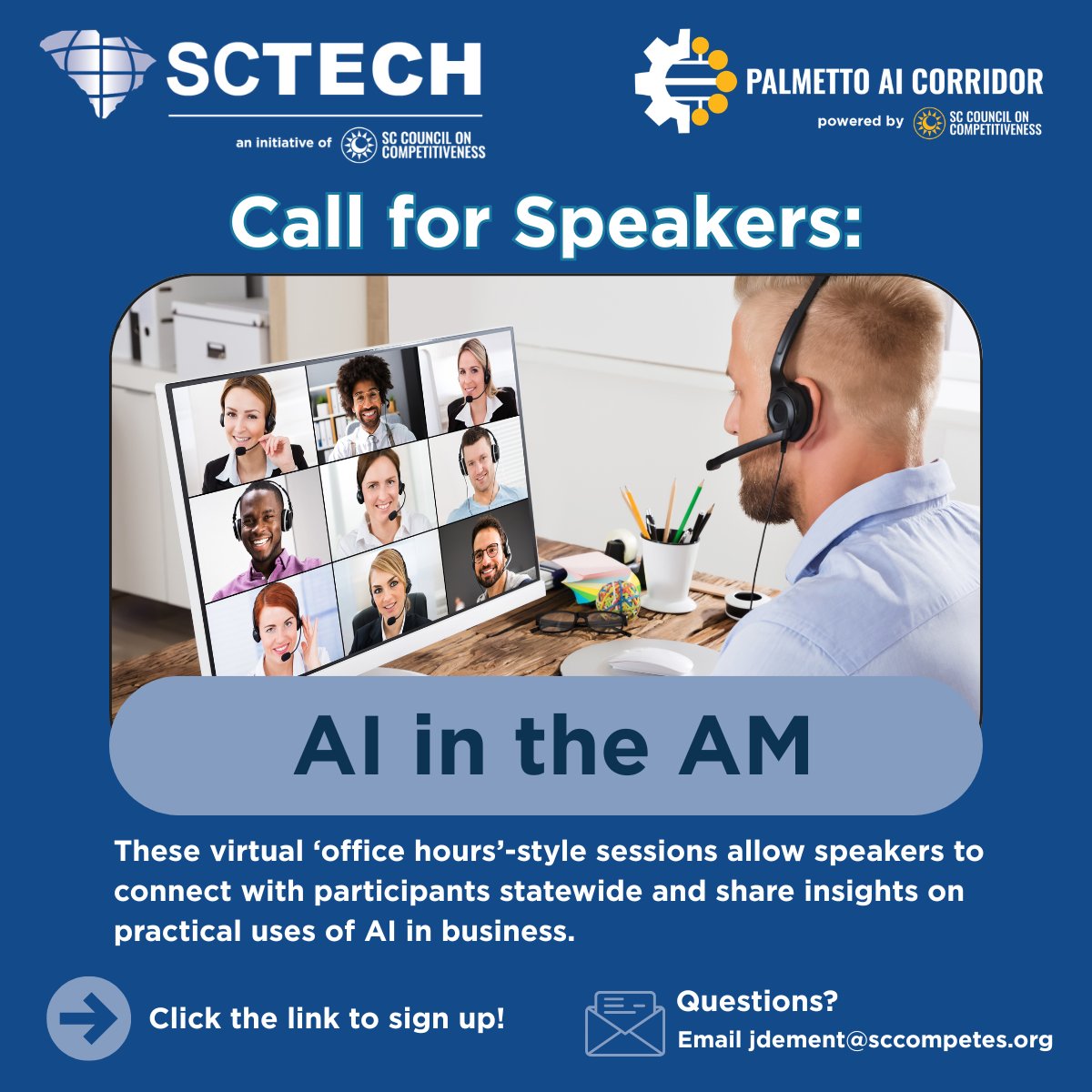 sccompetes's tweet photo. SC Competes is recruiting speakers for our SC Tech Summer Series: AI in the AM.

These are short, virtual “office hours” sessions focused on one thing: practical AI in business.

👉 Fill out the interest form to get started: https://t.co/wZASCq6k7H https://t.co/fbxweGsbvg