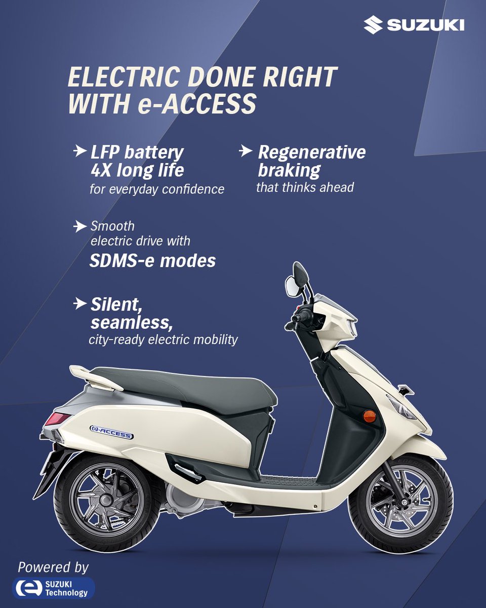 suzuki2wheelers's tweet photo. e-ACCESS, engineered to keep you moving with a battery that goes the distance, intuitive ride modes that adapt instantly, and regenerative braking that keeps giving back.
All in a ride that stays smooth, and effortlessly in sync with you.
#SuzukiIndia #SuzukiMotorcycle #eACCESS https://t.co/Ikacyb3qp0