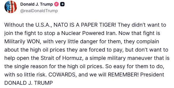 Acting like a sulky child, NATO expects the U.S. to do the heavy lifting while they reap the rewards. We won the fight against a Nuclear Iran with zero help. Now they whine about oil prices but won't secure the Strait of Hormuz? COWARDS. We will REMEMBER! 🇺🇸
#عيد_الفطر_١٤٤٧ه