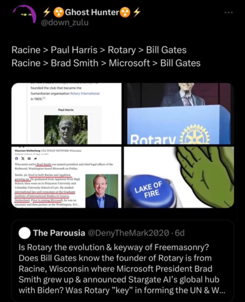 Meowllian's tweet image. The Rotary Freemason wheel ⚙️ is shown on the Club of Rome cover page. Rotary International is tied to Club of Rome and is the keyhole to Freemasonry. King Charles wears his Rotary pin regularly.  

Rotary International had a big role in the creation of the United Nations &amp;amp;