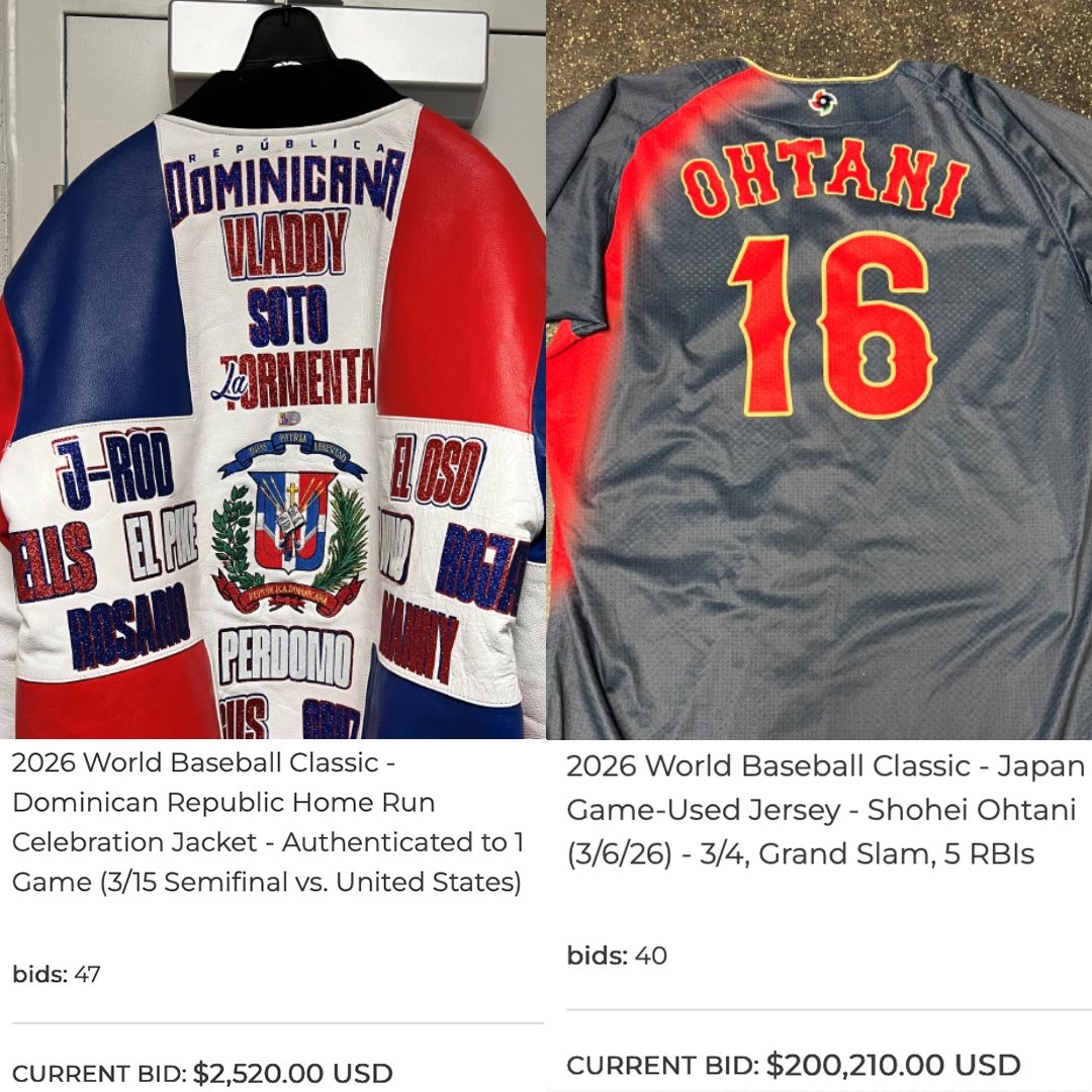 They are also auctioning off Team Dominican Republic's home run celebration jacket and Shohei Ohtani's game-used grand slam jersey from his game in Tokyo 🤯