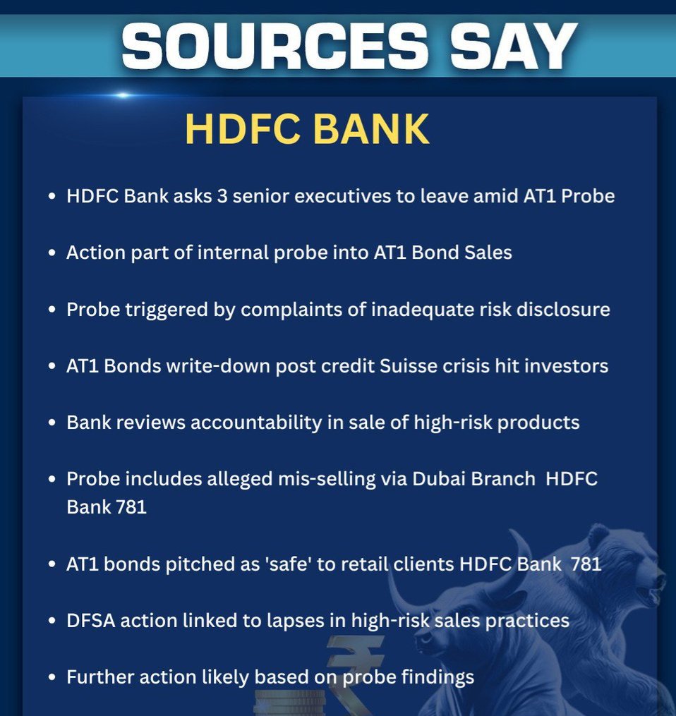 arbindtiwariT's tweet image. Sources say HDFC Bank asks 3 senior executives to leave amid AT1 Probe

#HDFCBank #AT1