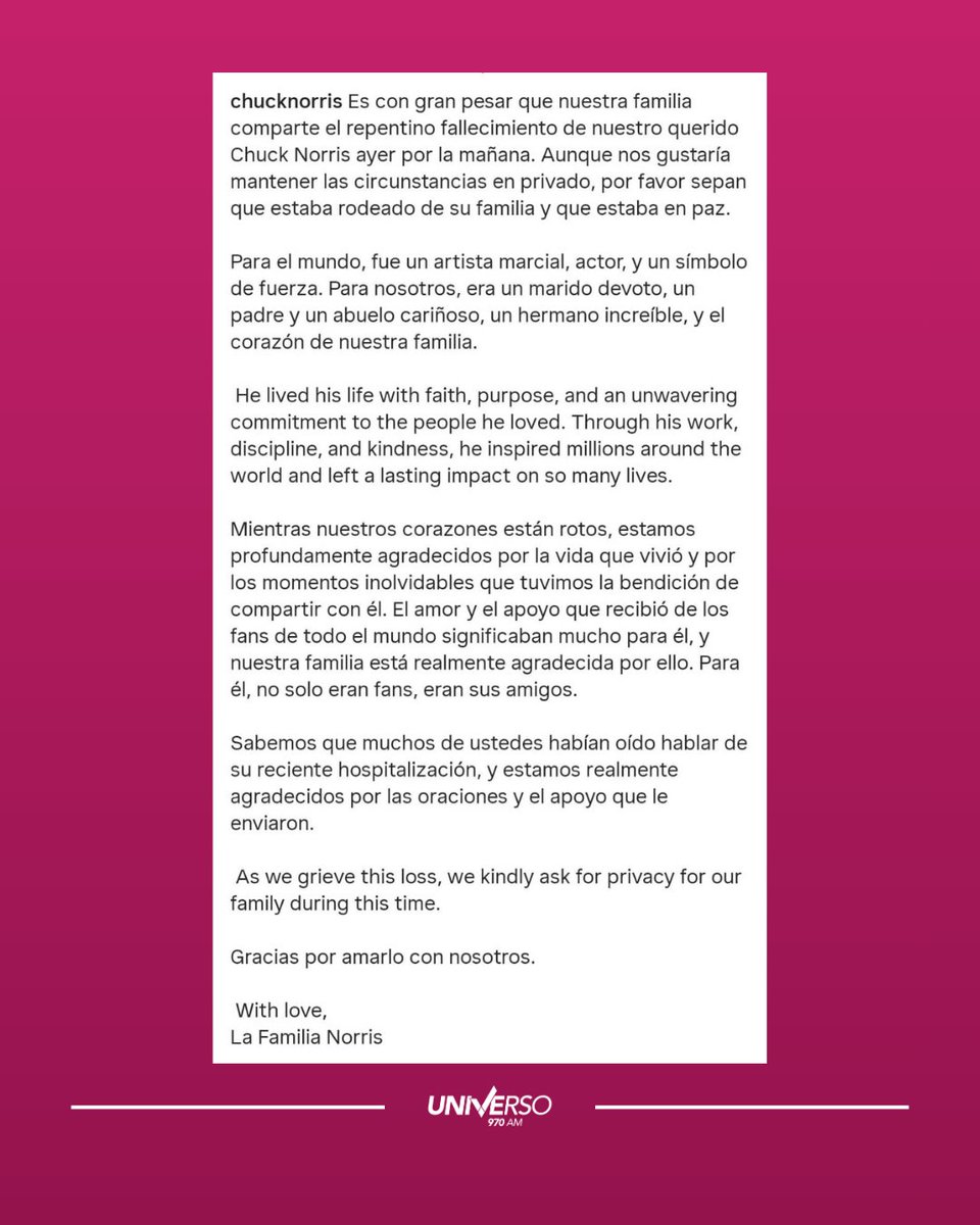 #Mundo | 🤍🎞️ Muere una leyenda del cine: Chuck Norris falleció a sus 86 años tras su internación

😔 El actor estadounidense Chuck Norris, una leyenda del cine de acción, murió el jueves a los 86 años en Hawái, donde se encontraba internado tras sufrir una urgencia en la isla de