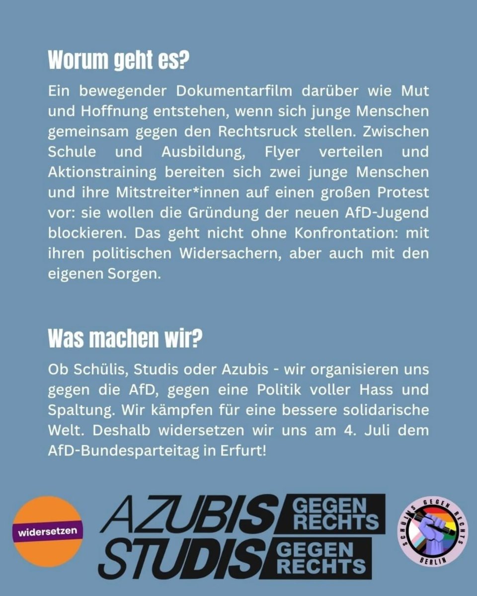 BerlinDemo's tweet photo. 💥Saturday 21.03.2026💥
🎬 Film premiere ‘Generation Antifa’ 🎥
21.03.2026 | 7.00 pm | JFE OC-23, Langhansstraße 23, 13086 Berlin
Arrival: Bus 158 Roelckestraße/Langhansstraße | Tram 12, 50, M1, M2, M13 Behaimstraße
📣 Call: https://t.co/EmWnfylB3k
#b2103 #GenerationAntifa https://t.co/N0AJbOUkoQ