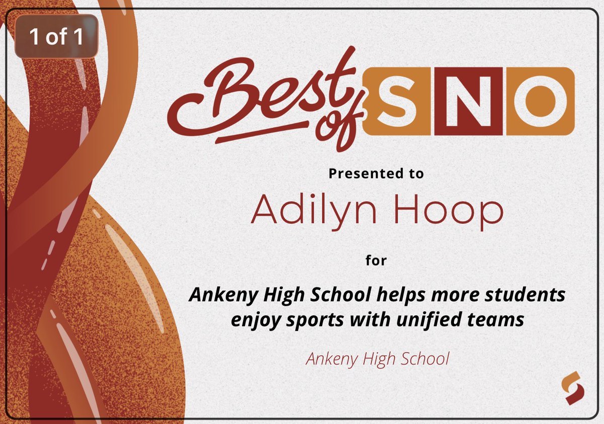 Congrats to The Talon's Adilyn Hoop on her 5th Best of SNO award! Her story on unified sports at Ankeny HS proves that inclusion wins every time.  

“I just love PEOPEL P.E. It makes me so excited to go to those games.” -Madison Robbins 

Read it at AHSTalonNews.com!