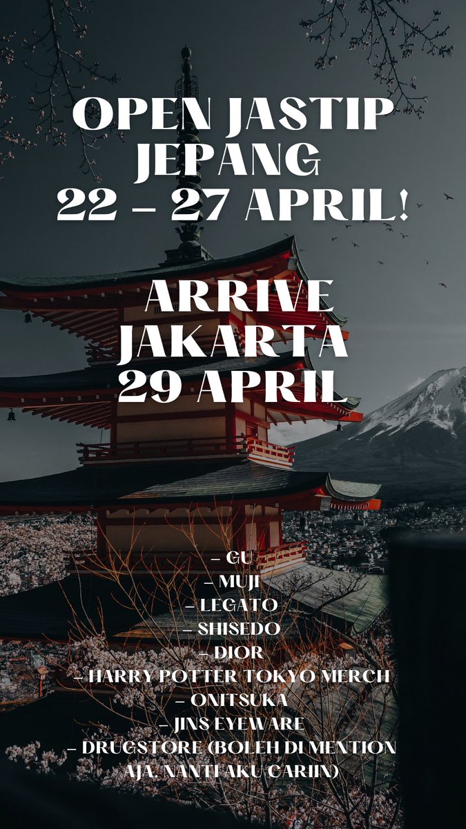 harebellpw's tweet photo. Open jastip Jepang gais!
Dari tanggal 22 - 27 April

Arrive di Jakarta tanggal 29 April!

Selain yang di list 👇🏻, boleh dm juga ya mau nitip produk apa. Akan diusahakan! 

#jastip #jepang #tokyo #jastipjepang #jastipjakarta #jastipmurah https://t.co/HVhld8QhiY