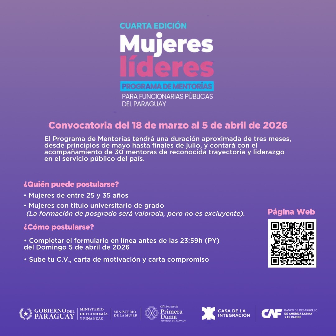 MEF_Paraguay's tweet photo. Las servidoras públicas tienen tiempo hasta el 5 de abril para postularse a la cuarta edición del Programa de Mentorías #MujeresLíderes. Esta iniciativa, que es impulsada por el #MEF, @OPDPARAGUAY, @AgendaCAF y @minmujerpy, busca fortalecer el liderazgo femenino y promover el acceso a espacios de decisión en el sector público 🇵🇾

👩🏻💻Para postularse al Programa, ingresar a: https://t.co/ZKVgBVcbnd

Más Info 🔗 https://t.co/3qjaoVFPIY