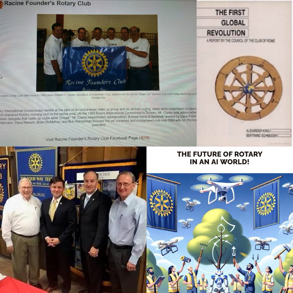 Meowllian's tweet image. The Rotary Freemason wheel ⚙️ is shown on the Club of Rome cover page. Rotary International is tied to Club of Rome and is the keyhole to Freemasonry. King Charles wears his Rotary pin regularly.  

Rotary International had a big role in the creation of the United Nations &amp;amp;