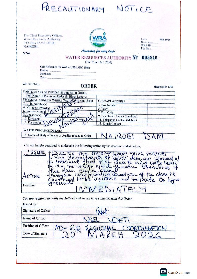 Flooding precautionary notice from Water Resources Authority, Nairobi Kenya
