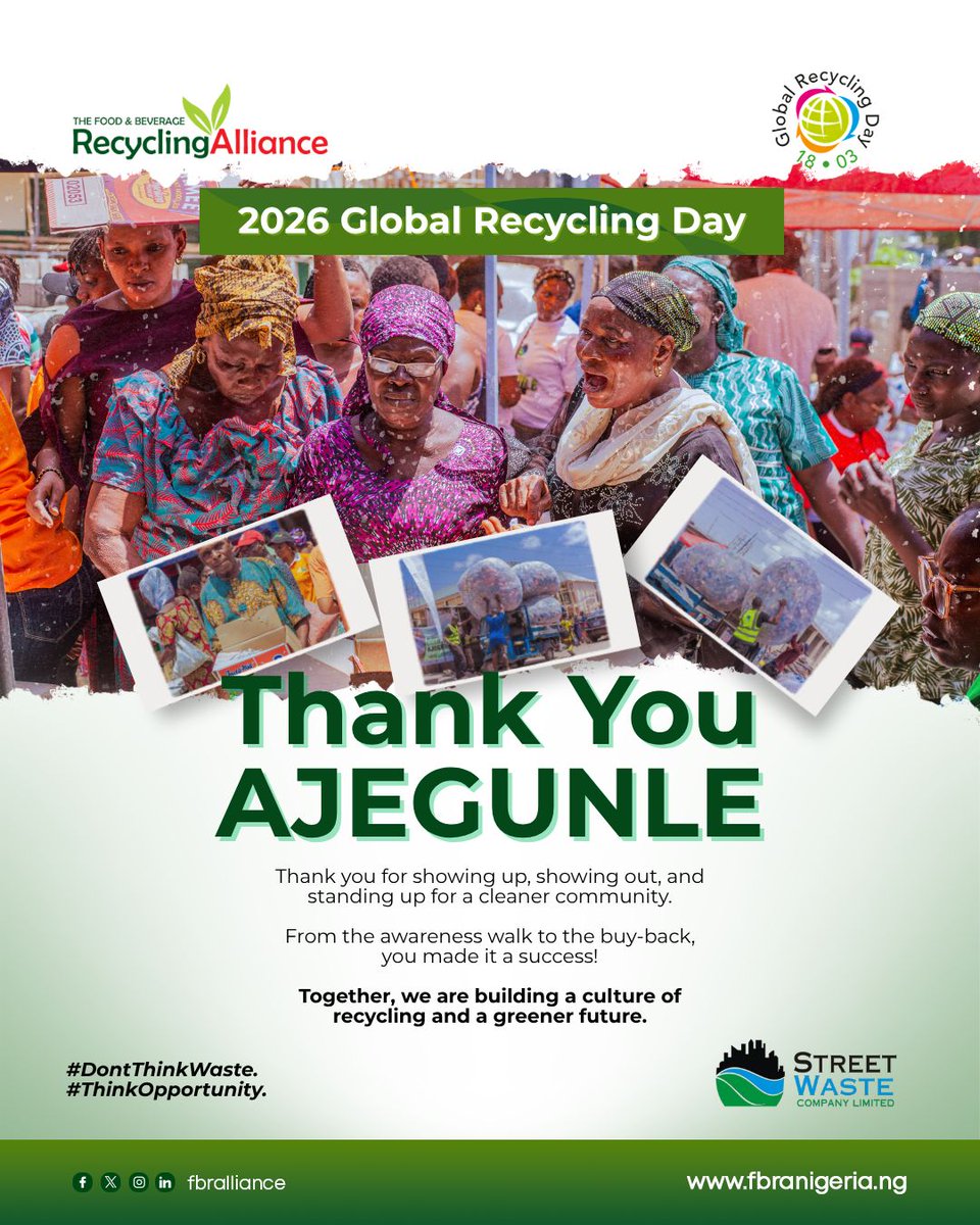 WE DID IT! ♻️

Ajegunle, thank you for making
Global Recycling Day 2026 a huge success!

Together, we move towards a cleaner, greener future. 🌍

#GlobalRecyclingDay #thinkopportunity #Ajegunle #CleanLagos #FBRA