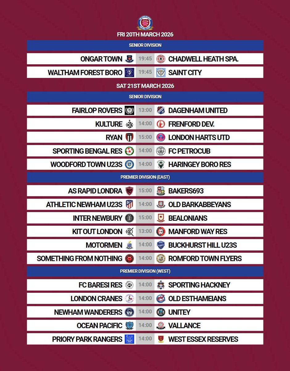 EssexAllianceFL's tweet photo. 𝙒𝙀𝙀𝙆𝙀𝙉𝘿 𝙋𝙍𝙀𝙑𝙄𝙀𝙒 / #Week31

Continuing the action this weekend with a fixture list of 2️⃣6️⃣ league matches &amp; 3️⃣ cup ties, including both #FentonTrophy semi-finals  🏆

Good luck to all of our clubs 💪

#EAL https://t.co/3ODPGbp6Hh