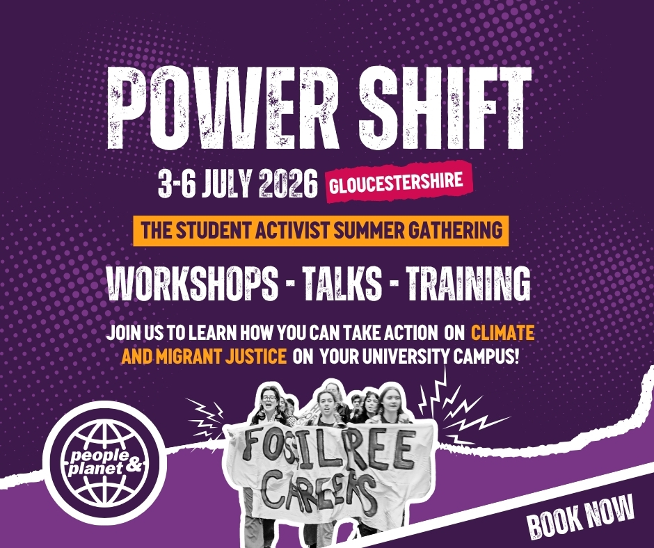 peopleandplanet's tweet photo. 💥 Booking is now open for Power Shift 2026! ⚡

Join  us for a long weekend packed full of talks, workshops and panels on how  to get your university to take action on climate and migrant justice!  🔥✊🌎

🎟️ Book your early bird ticket now: https://t.co/OG76qQXpO6 https://t.co/6fPlBd79BS