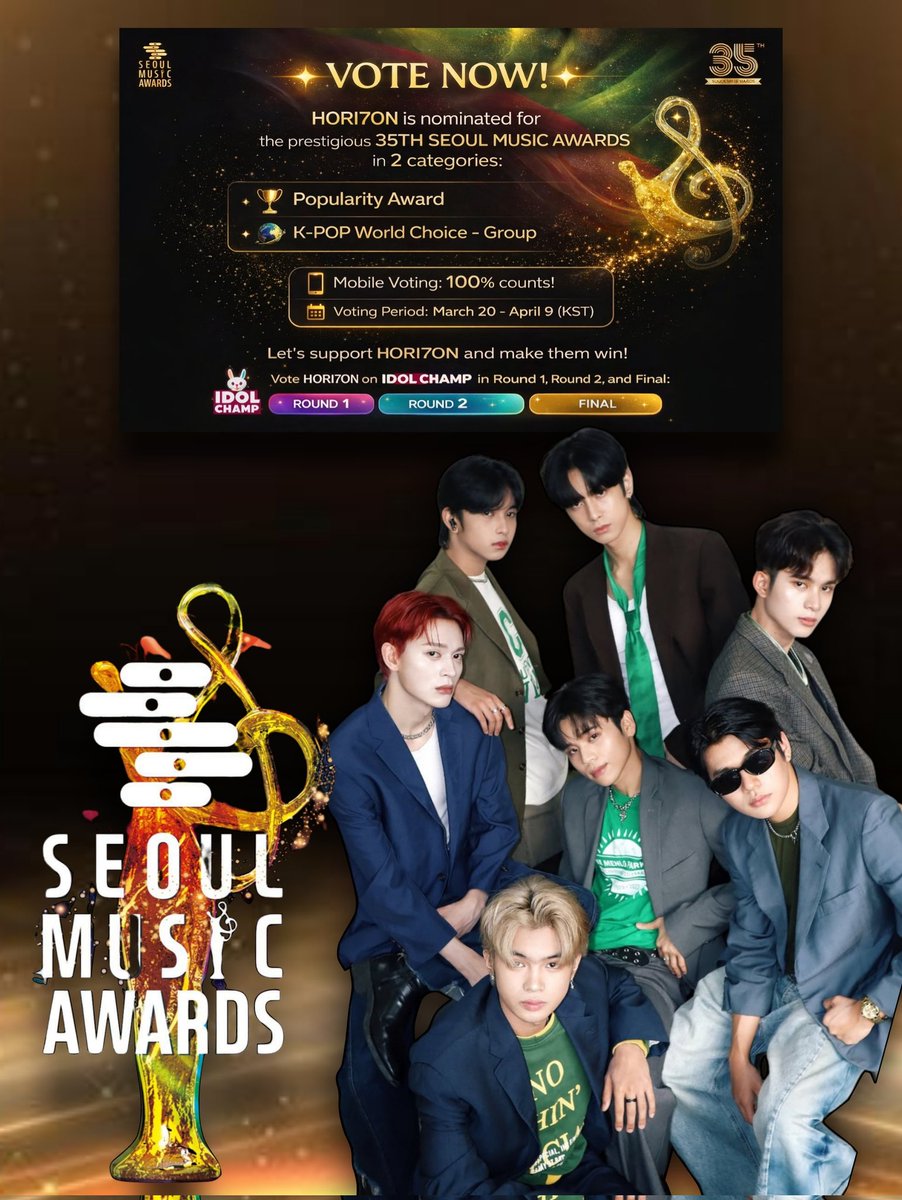 HORI7ON is nominated for K-POP World Choice – Group &amp; Popularity Award at the prestigious 35th Seoul Music Awards. Download IdolChamp app and vote HORI7ON.

HORI7ON 35TH SMA NOMINEE

#Hori7on_SeoulMusicAwards
#HORI7ON #호라이즌 
<a href="/HORI7ONofficial/">HORI7ONofficial</a> <a href="/HORI7ON_twt/">HORI7ON member</a>