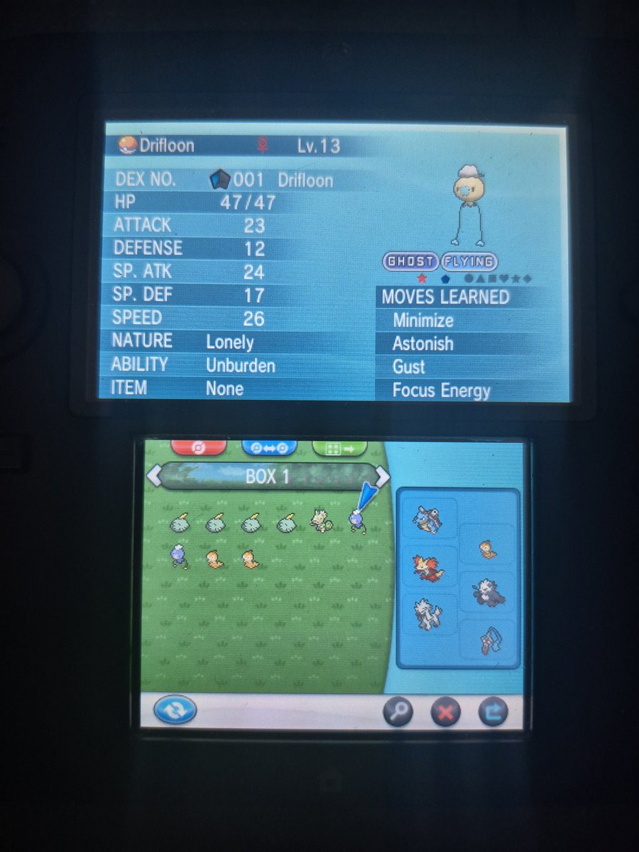 DisturbedGear's tweet photo. Phase 2 for Inkay is another #shiny Drifloon in #Pokémon X - very quick, only 323 REs this time! ✨️🎈 https://t.co/cIcbxv1JKK