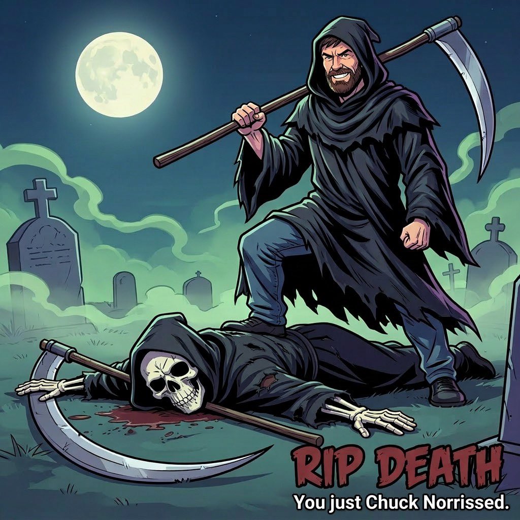 qwray's tweet photo. RIP Death. You just Chuck Norrissed. 

#chucknorris https://t.co/UOrHaFhiV7