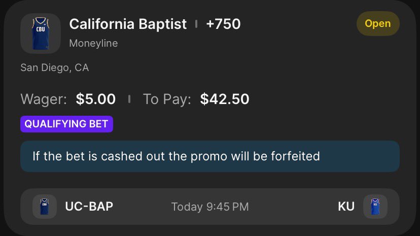 DeadScooby's tweet photo. @DKSportsbook CA Baptist let’s have a day https://t.co/RAV69yAXnw
