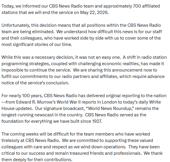 OneJerseySchorr's tweet image. BREAKING: After nearly 100 years on the air, CBS News Radio will shut down all 700 affiliated stations around the country, effective May 22, 2026, per a memo from @bariweiss, obtained by @brianstelter.