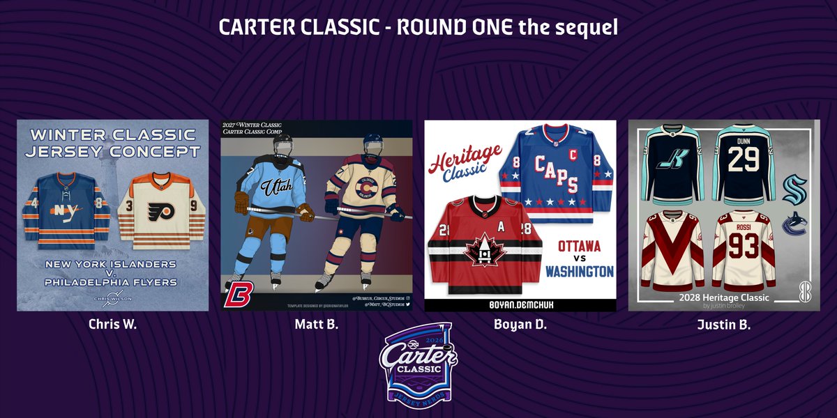 The_JerseyNerds's tweet photo. The last semifinal features four concepts thanks to a first round tie! Today's competitors are..
@Beaviwi89 's NYI vs PHI matchup, @Matt_BCStudios 's UTA vs COL matchup, @Boyan_Demchuk 's OTT vs WSH matchup, and @JustinBrolley 's SEA vs VAN matchup! https://t.co/VGqzF9bo89