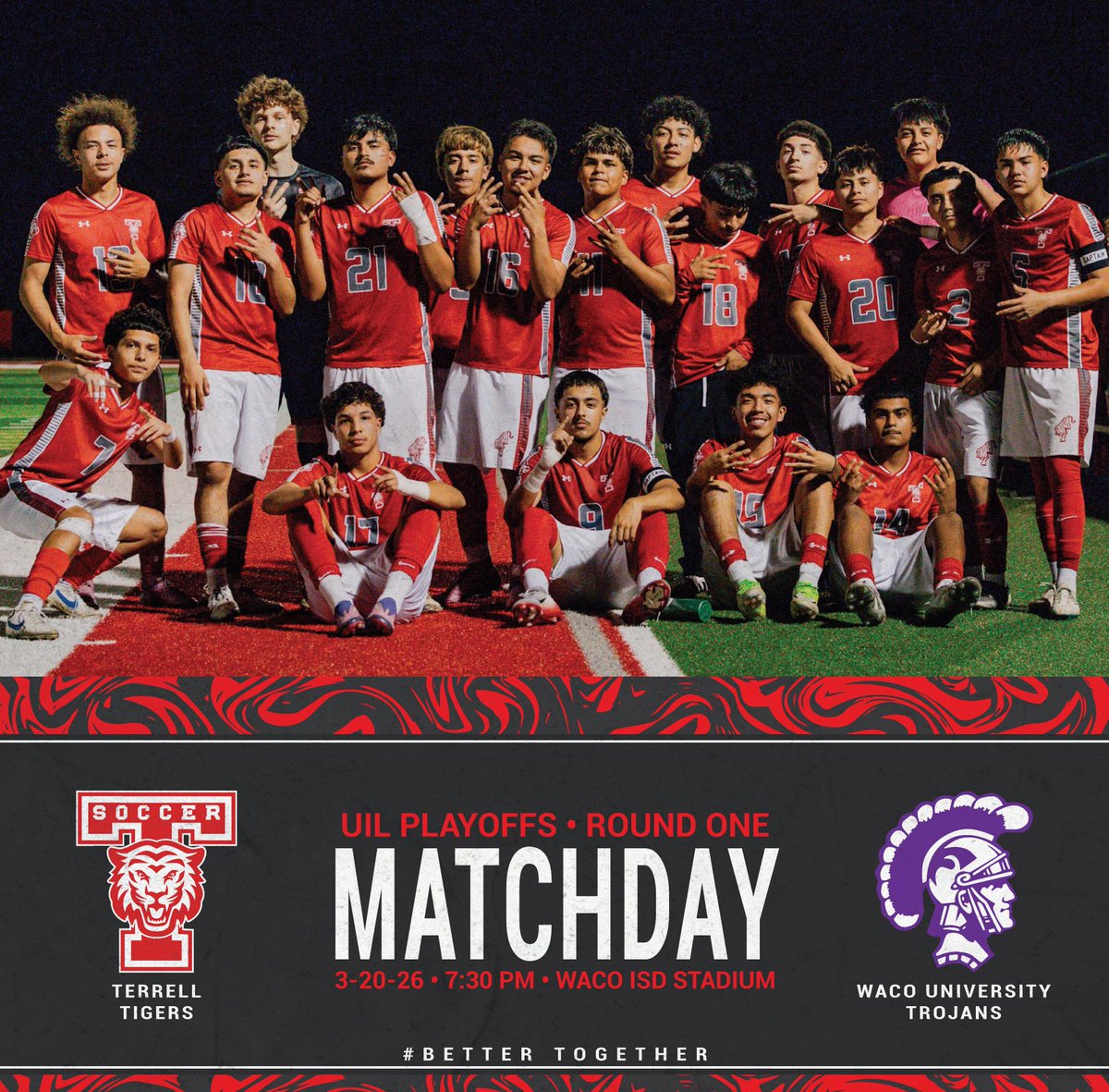 terrell_soccer's tweet photo. 🚨🚨🚨MATCH DAY🚨🚨🚨

Playoffs: Round 1

🆚 Waco University Trojans
⏰ 7:30 
🏟️ Waco ISD Stadium

@TISDTigerSports @TXHSSOC @ScoresTexas @Texas_HS_Sports @SportsDayHS @tascosoccer @BSNSPORTS @UnderArmour @50_50Pod 

#BetterTogether 
#vamosTigers https://t.co/4okaLYuacI