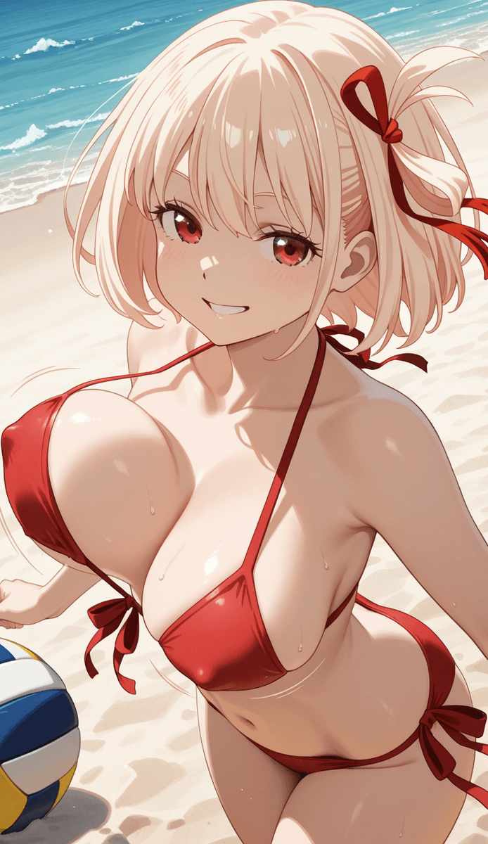 This is an illustration of people playing volleyball on the beach.

錦木千束 / Nishikigi Chisato
#リコリス・リコイル / #LycorisRecoil