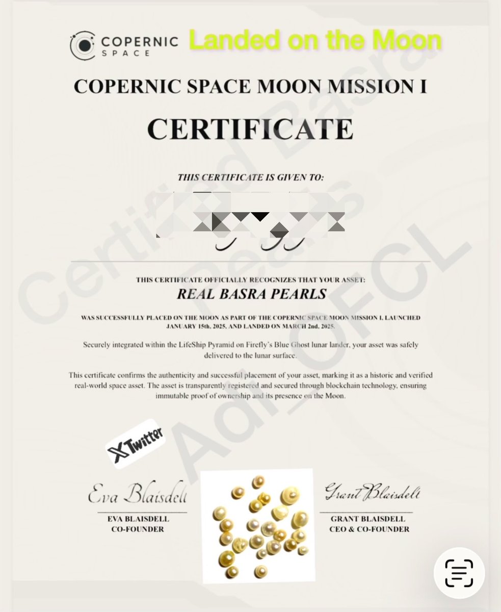 Adi_OFCL's tweet image. Touched the Moon surface in Physical,
These  asset are  a verified digital twin of the data delivered to the Lunar Surface on March 2, 2025, via the Firefly Aerospace Blue Ghost Mission 1 #Crew12

By acquiring this  NFT and Extremely rare Basra pearls , you hold the digital