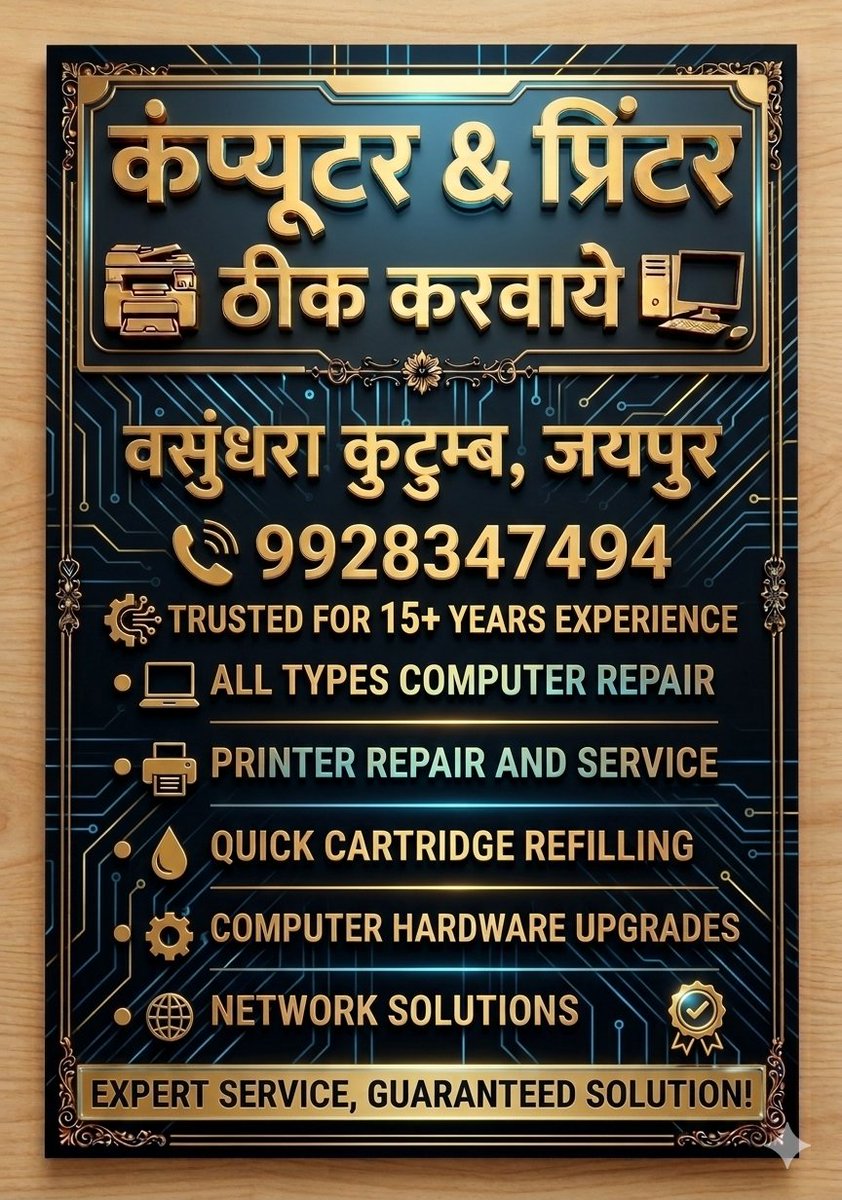 tubeknowledge2's tweet photo. जयपुर वालों! कंप्यूटर खराब है या प्रिंटर अटक गया है? 💻🖨️
15+ साल के अनुभव के साथ पाएं एक्सपर्ट रिपेयरिंग सर्विस।
📍 वसुंधरा कुटुम्ब, जयपुर-302022
📞 कॉल करें: 9928347494
तेज़ सर्विस। गारंटीड समाधान। 🚀
#Jaipur #TechSupport #ComputerRepair #PrinterService https://t.co/qOMwWw84sE