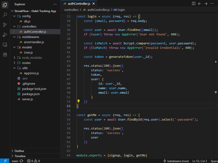 sudoSami's tweet photo. Day 5 of building StreakFlow 🔥

Auth controller done; signup &amp; login with JWT tokens, bcrypt password comparison, and clean error throwing. No messy try/catch 🧠

#buildinpublic #webdev https://t.co/DDhHddBrB0