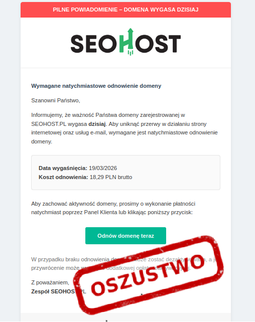 CERT_Polska's tweet photo. 🔐 Fałszywe powiadomienia o wygaśnięciu domeny – kampania wymierzona we właścicieli stron internetowych 

📊 CERT Polska obserwuje wzmożoną aktywność oszustów wykorzystujących temat odnowienia domen. 

📩 W wiadomościach e-mail pojawia się informacja o rzekomo zbliżającym się terminie wygaśnięcia domeny w serwisie Seohost. W treści znajduje się odnośnik kierujący do strony podszywającej się pod panel logowania. Wprowadzone tam dane trafiają bezpośrednio do przestępców. 

🌐 Fałszywe witryny są często łudząco podobne do oryginału, dlatego warto sprawdzić adres nadawcy oraz dokładny adres strony logowania. Dobrym nawykiem jest samodzielne znalezienie oficjalnej strony w wyszukiwarce zamiast korzystania z linku w wiadomości. 

📲 Zgłoszenia podejrzanych wiadomości i stron można przekazać do CERT Polska przez https://t.co/NNUSNq61UT lub aplikację mObywatel („Bezpieczni w sieci”).