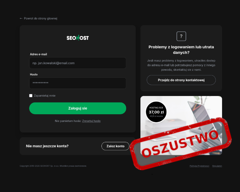 CERT_Polska's tweet photo. 🔐 Fałszywe powiadomienia o wygaśnięciu domeny – kampania wymierzona we właścicieli stron internetowych 

📊 CERT Polska obserwuje wzmożoną aktywność oszustów wykorzystujących temat odnowienia domen. 

📩 W wiadomościach e-mail pojawia się informacja o rzekomo zbliżającym się terminie wygaśnięcia domeny w serwisie Seohost. W treści znajduje się odnośnik kierujący do strony podszywającej się pod panel logowania. Wprowadzone tam dane trafiają bezpośrednio do przestępców. 

🌐 Fałszywe witryny są często łudząco podobne do oryginału, dlatego warto sprawdzić adres nadawcy oraz dokładny adres strony logowania. Dobrym nawykiem jest samodzielne znalezienie oficjalnej strony w wyszukiwarce zamiast korzystania z linku w wiadomości. 

📲 Zgłoszenia podejrzanych wiadomości i stron można przekazać do CERT Polska przez https://t.co/NNUSNq61UT lub aplikację mObywatel („Bezpieczni w sieci”).