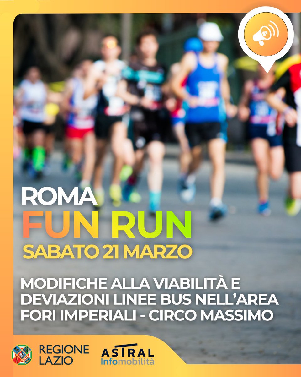 astralmobilita's tweet image. 📢🏃‍♀️🏃‍♂️ #Roma #FunRun 

🗓️ Sabato #21marzo
🕓 Dalle ore 9:00

⚠️ ⛔️ chiusure lungo il #percorso della #Stracittadina

🚌  Deviazione #bus nell'area
        #ForiImperiali - #CircoMassimo

INFO 👉 tinyurl.com/yc4mm2yt

@WazeLazio
#viabiliLAZ