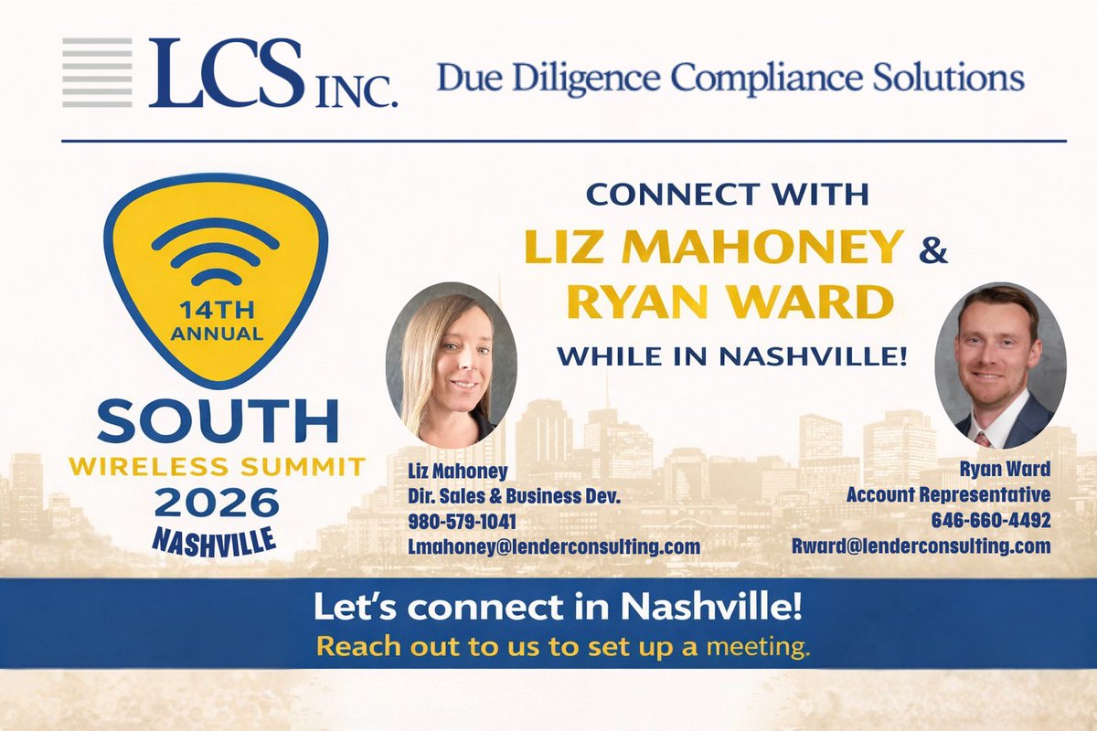 LenderServices's tweet image. LCS is excited to sponsor &amp;amp; exhibit at the 14th Annual SWS in Nashville!

Stop by our booth to meet Liz Mahoney &amp;amp; Ryan Ward and learn how we support projects with Environmental, Zoning, ALTA, NEPA, Appraisal &amp;amp; Construction solutions.

#SouthWirelessSummit #LCS #WirelessIndustry