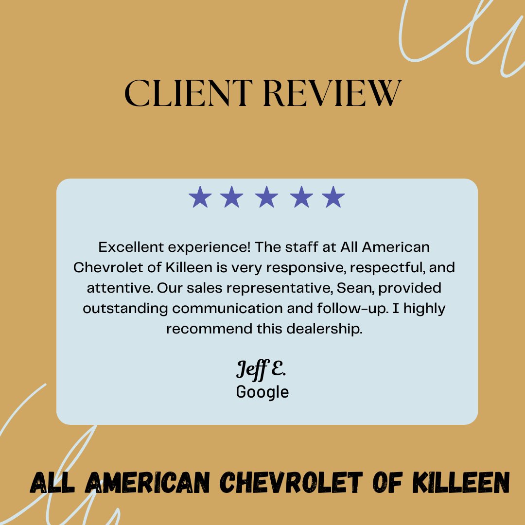 KilleenChevy's tweet photo. Jeff, we truly appreciate your kind words about your experience at All American Chevrolet of Killeen. We’re thrilled to hear that Sean provided you with outstanding communication and follow-up. We look forward to serving you again in the future! https://t.co/XfQweLf4fx