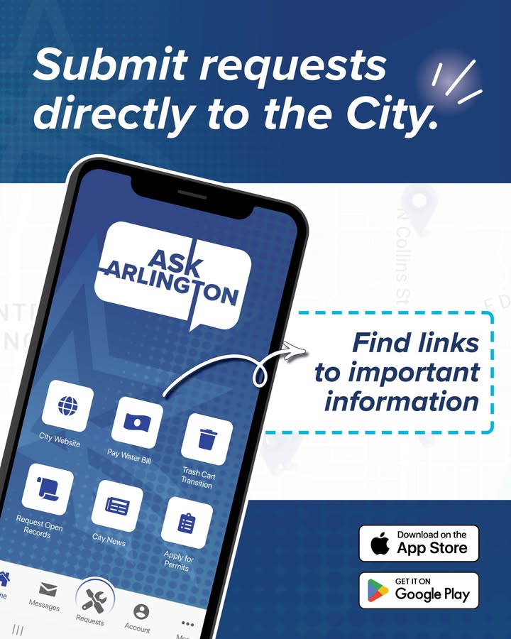 CityOfArlington's tweet photo. Whether you’re reporting a pothole, requesting an additional trash cart, or tracking the progress of your requests, the Ask Arlington app has you covered.

This user-friendly platform is available in both English and Spanish. Learn how to download the app: https://t.co/Cg11sYK5Yk https://t.co/b8wN5y68qw