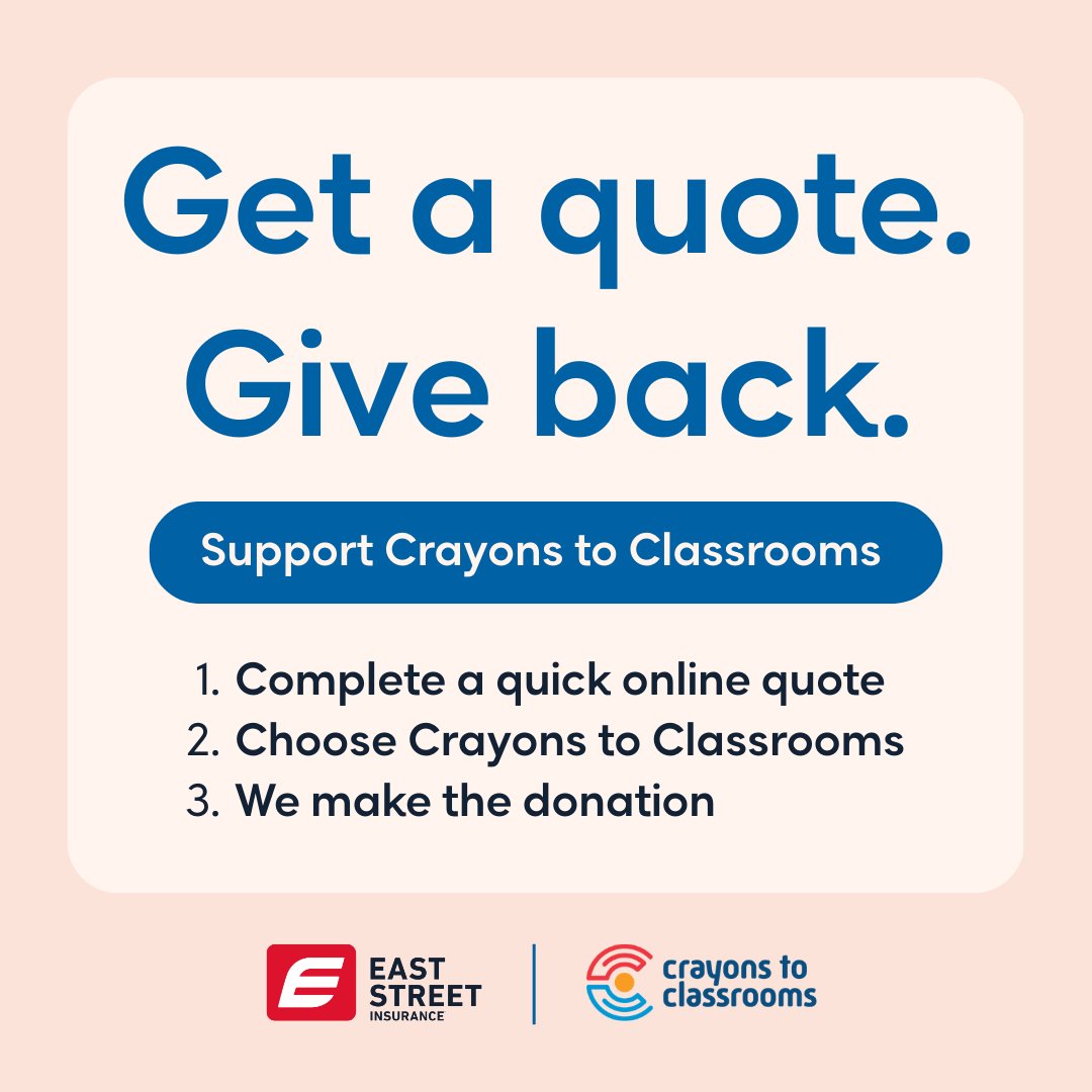 EastStreetIns's tweet photo. Get a personalized insurance quote and give back to local classrooms, on us. 🎒✏️

When you get a quote from East Street Insurance, you can choose to donate to Crayons to Classrooms at no cost to you. 

👉 Get your free quote today: https://t.co/UV1ya0hcts https://t.co/OVjSrerrna