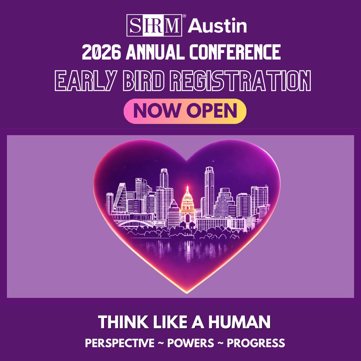 Happy Happy Friday Astin SHRM!! 

Early Bird registration is open for the 2026 Austin SHRM Annual Conference 🎉

✨ Tactical HR workshops
✨ Legal insights on today’s workplace challenges
✨ Meaningful networking with Austin’s HR leaders

Join us here 😁: austinhumanresource.org/event-6472960