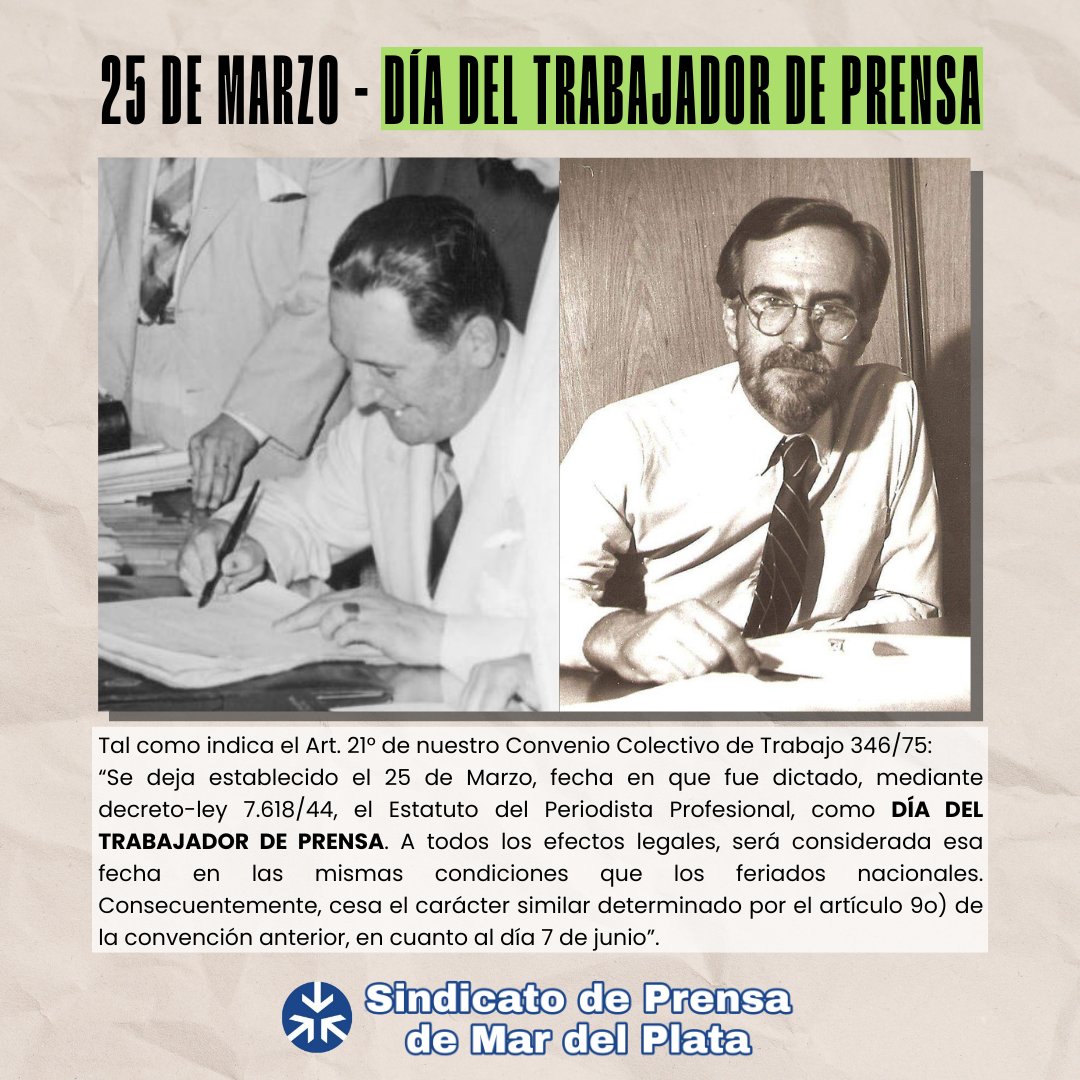 Prensa_MdP's tweet photo. Si trabajás el 25 de Marzo, en Prensa se paga como Feriado (Art.21°, CCT 346/75)

En el Día del Trabajador de Prensa, como cada 25 de Marzo, reivindicamos esta fecha surgida a partir del Decreto-Ley 7.618/44 impulsado y promulgado por Juan Domingo Perón, (+) https://t.co/kh7XrCDdyZ