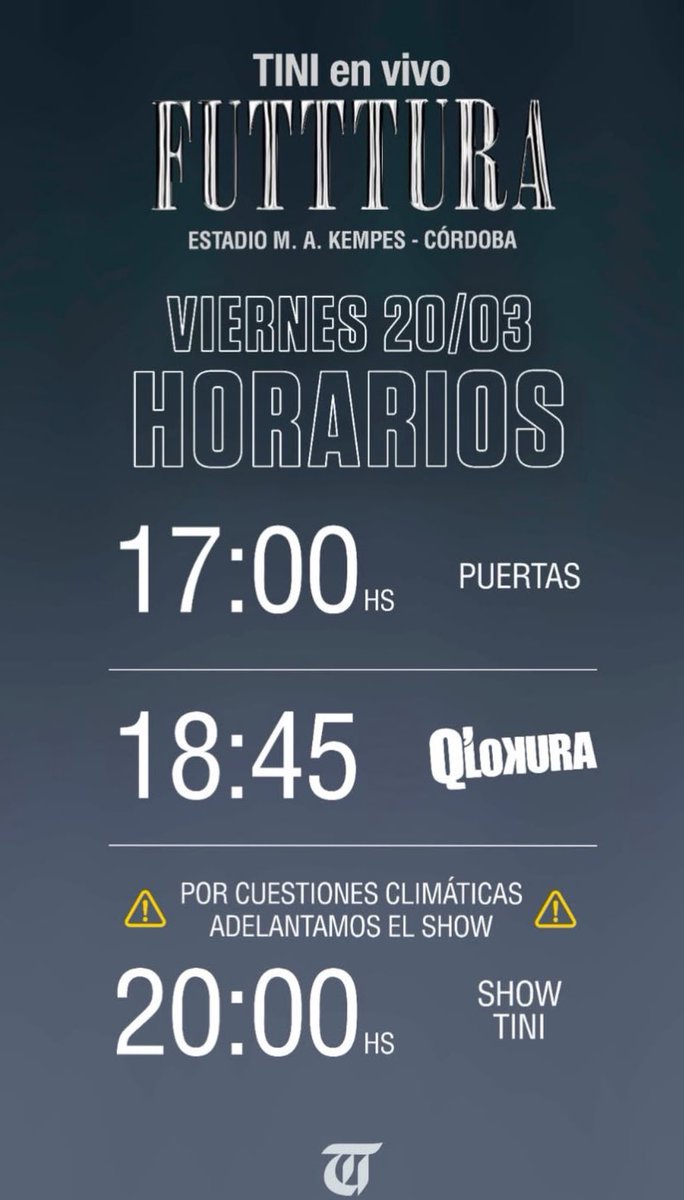 TINIOnTours's tweet image. Ake Music anuncia el nuevo horario para el show de #FUTTTURA en Córdoba hoy Viernes, para las 20hs por posibles tormentas eléctricas.