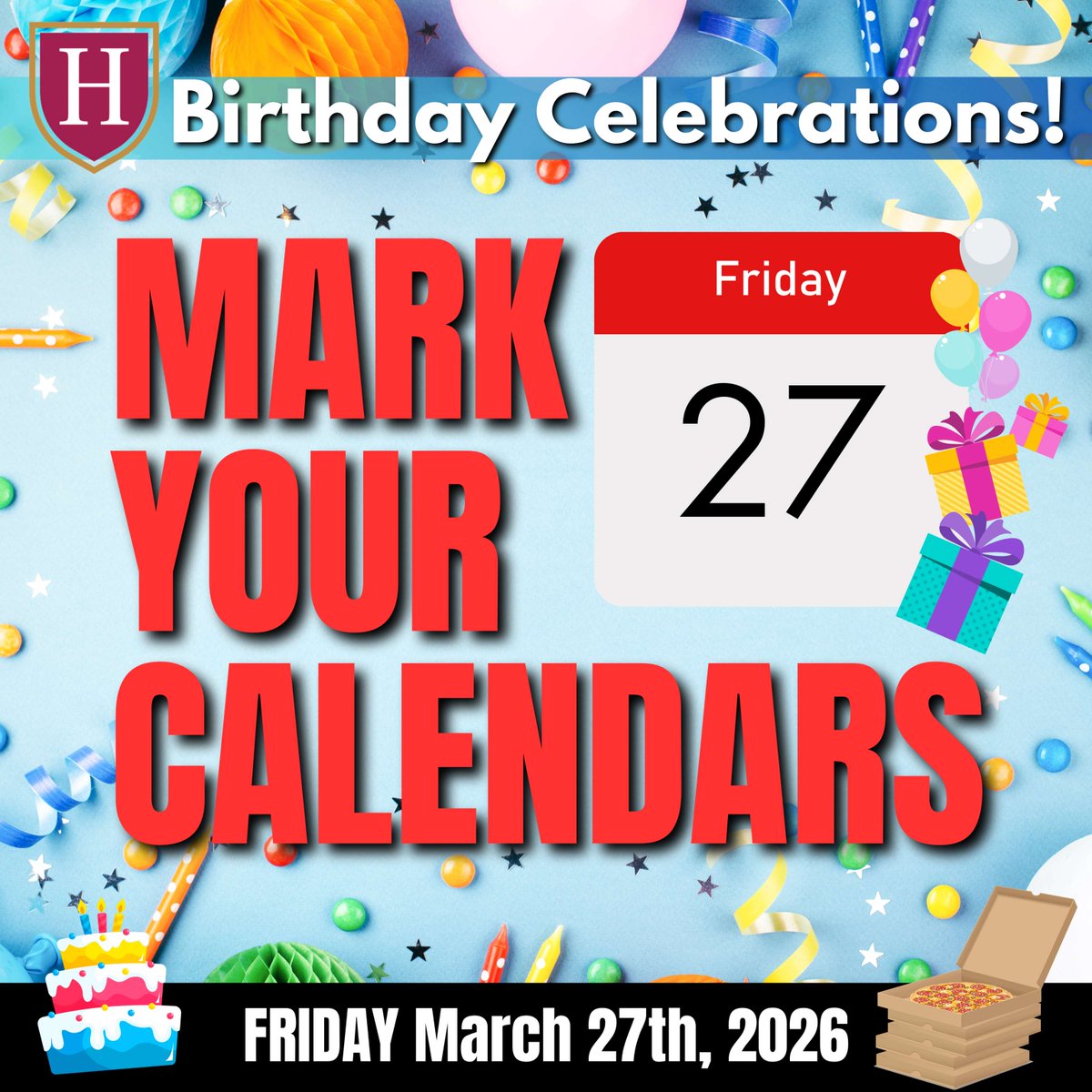 HpaPrep's tweet photo. Mark your calendars for Friday, March 27 as we celebrate our March birthdays! 🎂🎈 Students will enjoy a fun birthday celebration during the school day. https://t.co/1Bwhacypif