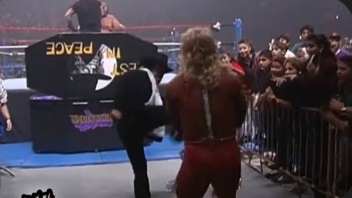 B2fChef's tweet photo. Lets all remember that @MyWorldPod Jeff Jarrett is the only wrestler brave enough to take a kick to the chest by Chuck Norris. R.I.P Chuck Norris thank you for everything. https://t.co/TEdJgblpg7