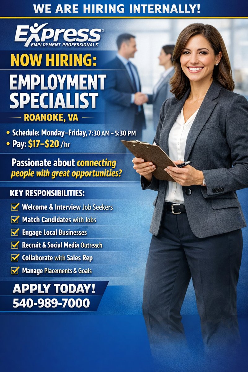 Join our Roanoke team! Now hiring an Employment Specialist to connect talent with local opportunities. Enjoy a Monday–Friday schedule &amp; competitive pay! 📈🤝 #Jobs #Roanoke #Employment