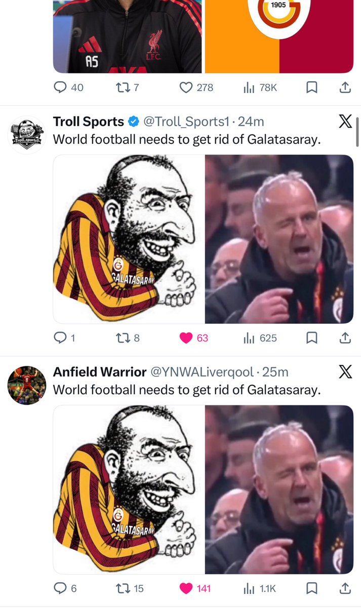 Bütün time İngilizlerin Gs nefreti ile doldu! Bizim yıllardır çektiğimizi adamlar 3 maçta anladı..

Top tüfek ne varsa saldırıyorlar!

İngiliz hesapları birlik olup aynı şeyi paylaşıyorlar hepsinin ortak paylaşımı ise şu;

“Dünya futbolunun Galatasaray’dan temizlenmesi gerek”!!!!