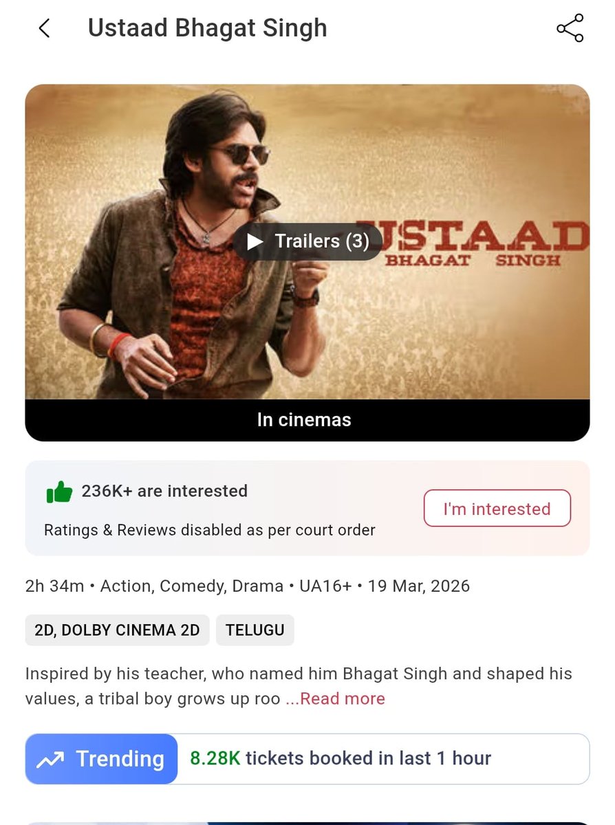 SureshSure58630's tweet photo. Ustaad domination continues ๐ฅ
8k tickets sold on BMS
#UstaadBagathSingh #BlockBusterUSB https://t.co/n25XW3lPmA