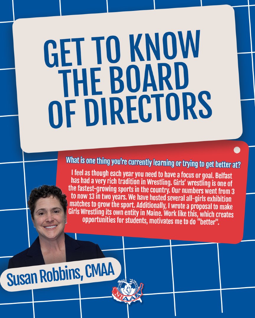 NIAAA9100's tweet photo. Meet our newest board member! β¨
Help us welcome Susan Robbins, CMAA, representing the great state of Maine! Weβre excited to have her expertise on the team as we continue to support and advocate for athletic administrators nationwide.
#Leadership #NIAAA #AthleticAdmin https://t.co/b9E3oag4Ym